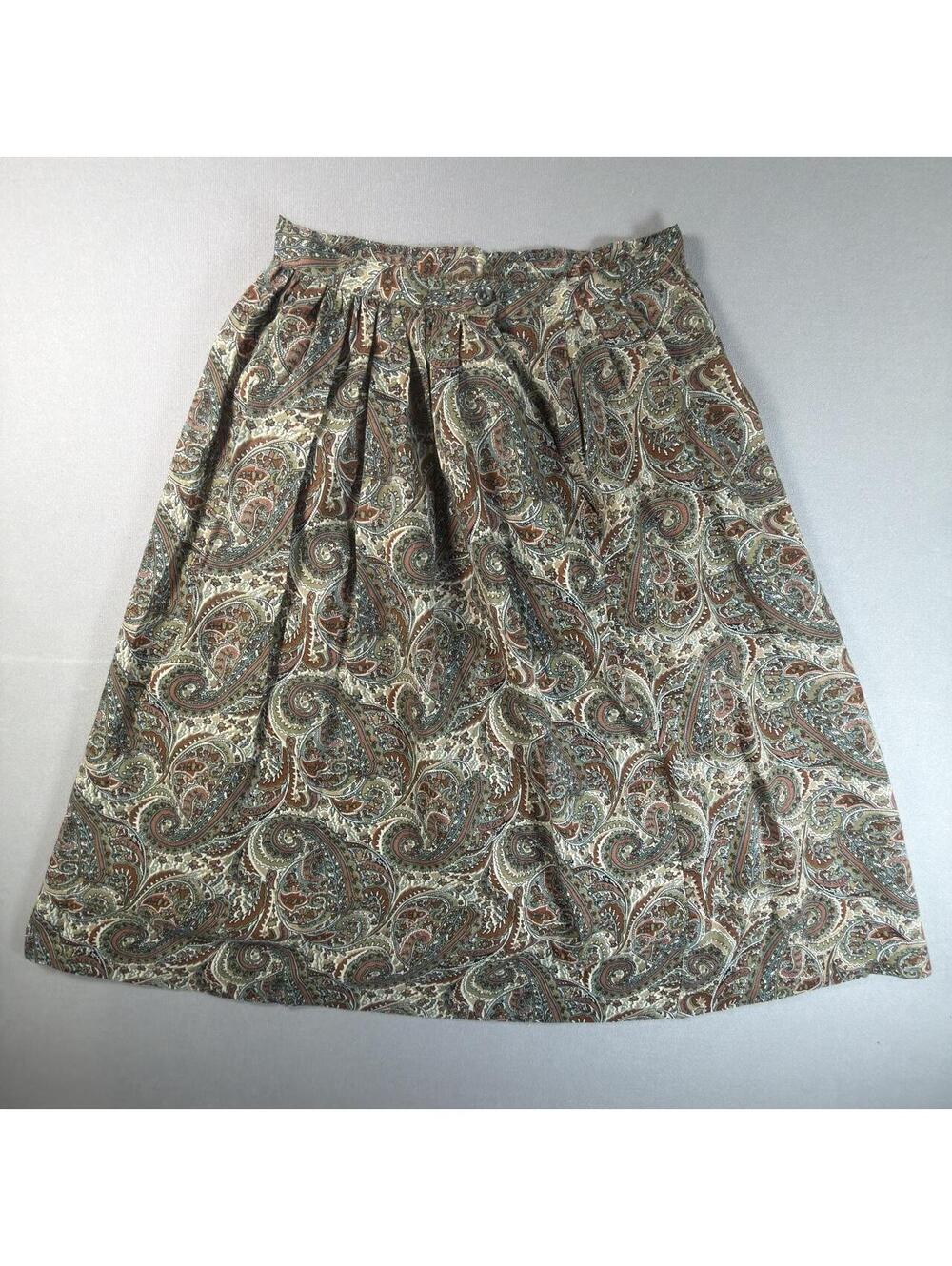 VTG 70s Paisley Pleated Midi Skirt Brown Green Wool Blend Womens 9/10